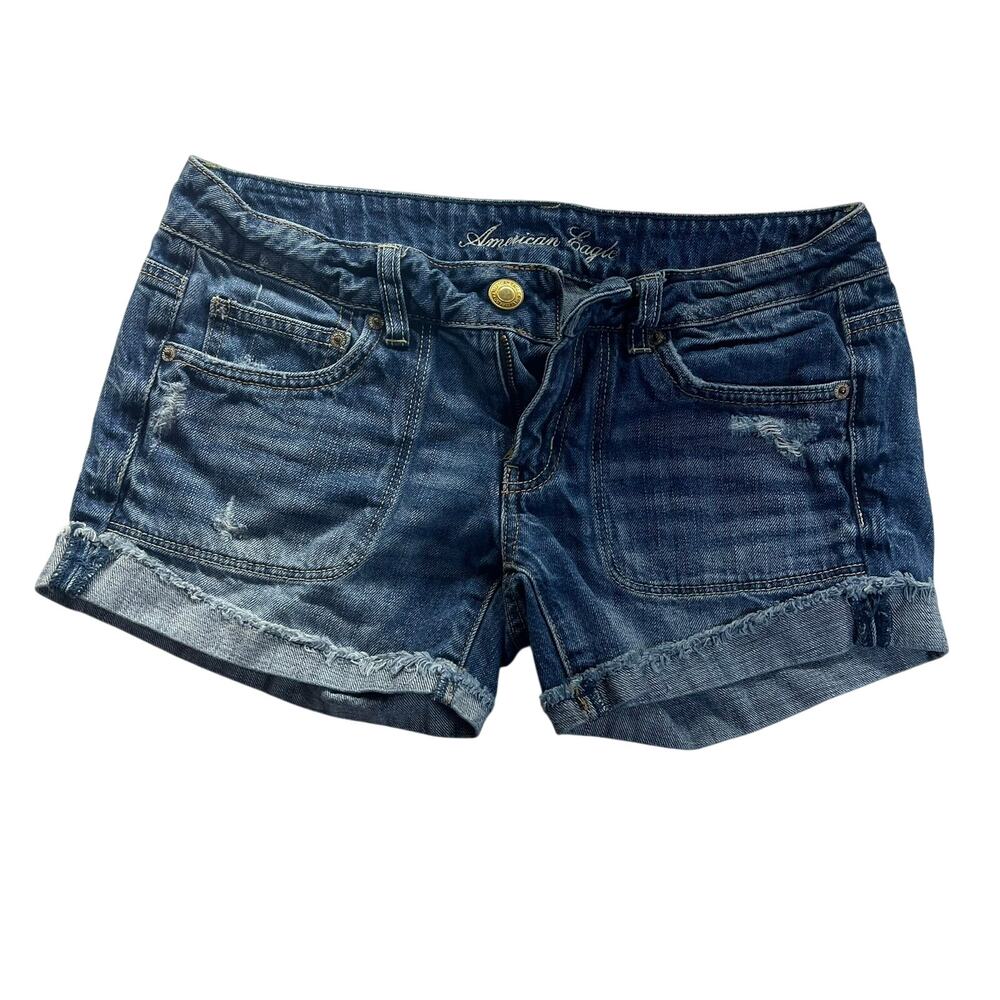 American Eagle Jean Shorts Women's 6 Hi-Rise Shortie Cutoff Stretch Blue Denim